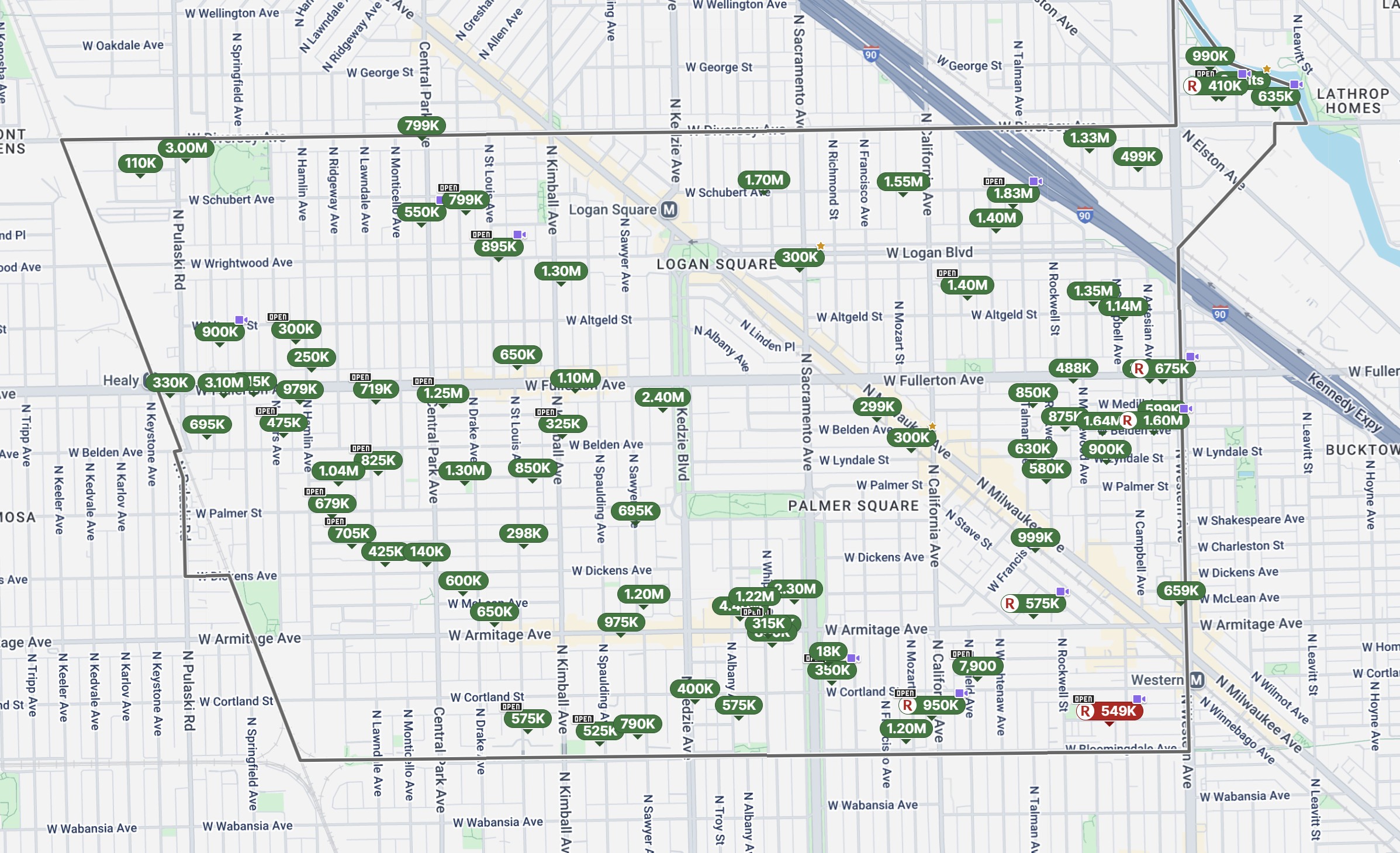 A map of the Logan Square, Chicago neighborhood showing property prices as of June 2025.