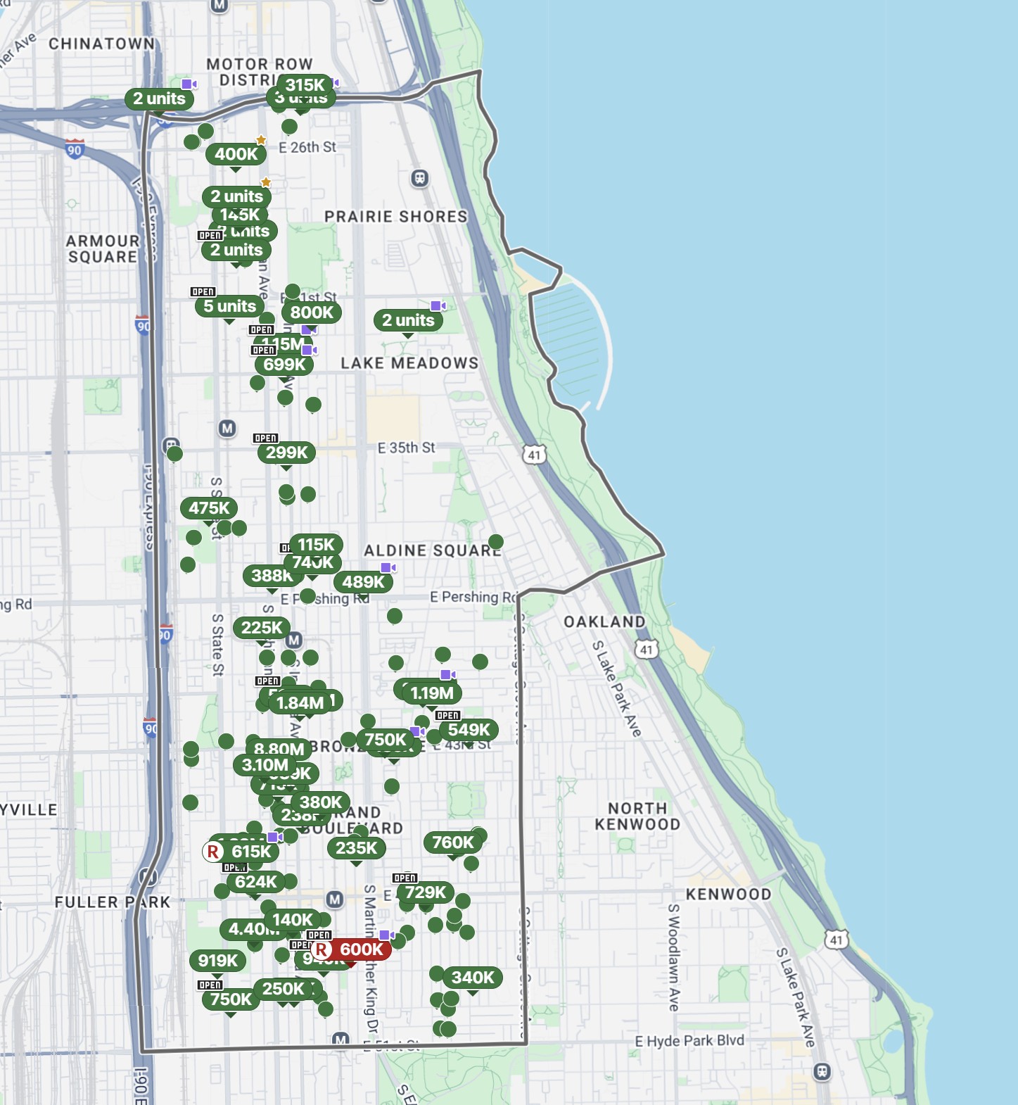 A map of the Bronzeville, Chicago neighborhood showing property prices as of June 2025.