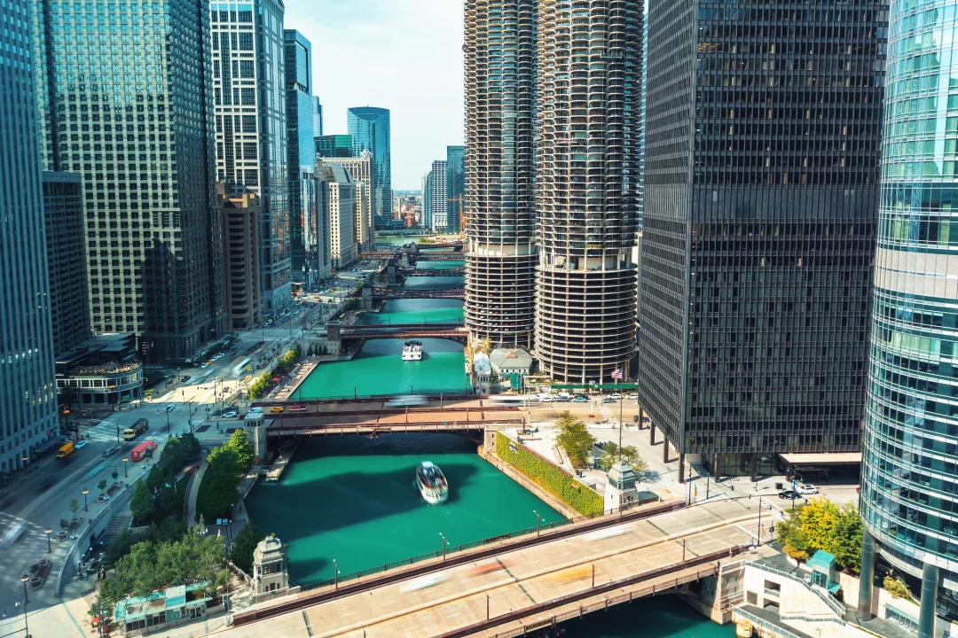 Skyscrapers and the 'L' train tracks in The Loop, Chicago