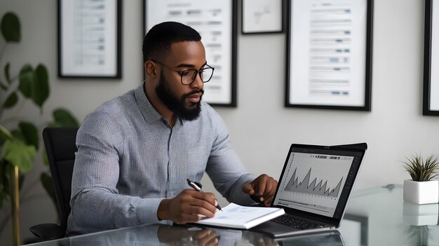 A person analyzing data on a laptop with notebooks and charts, representing the research-driven experimental approach