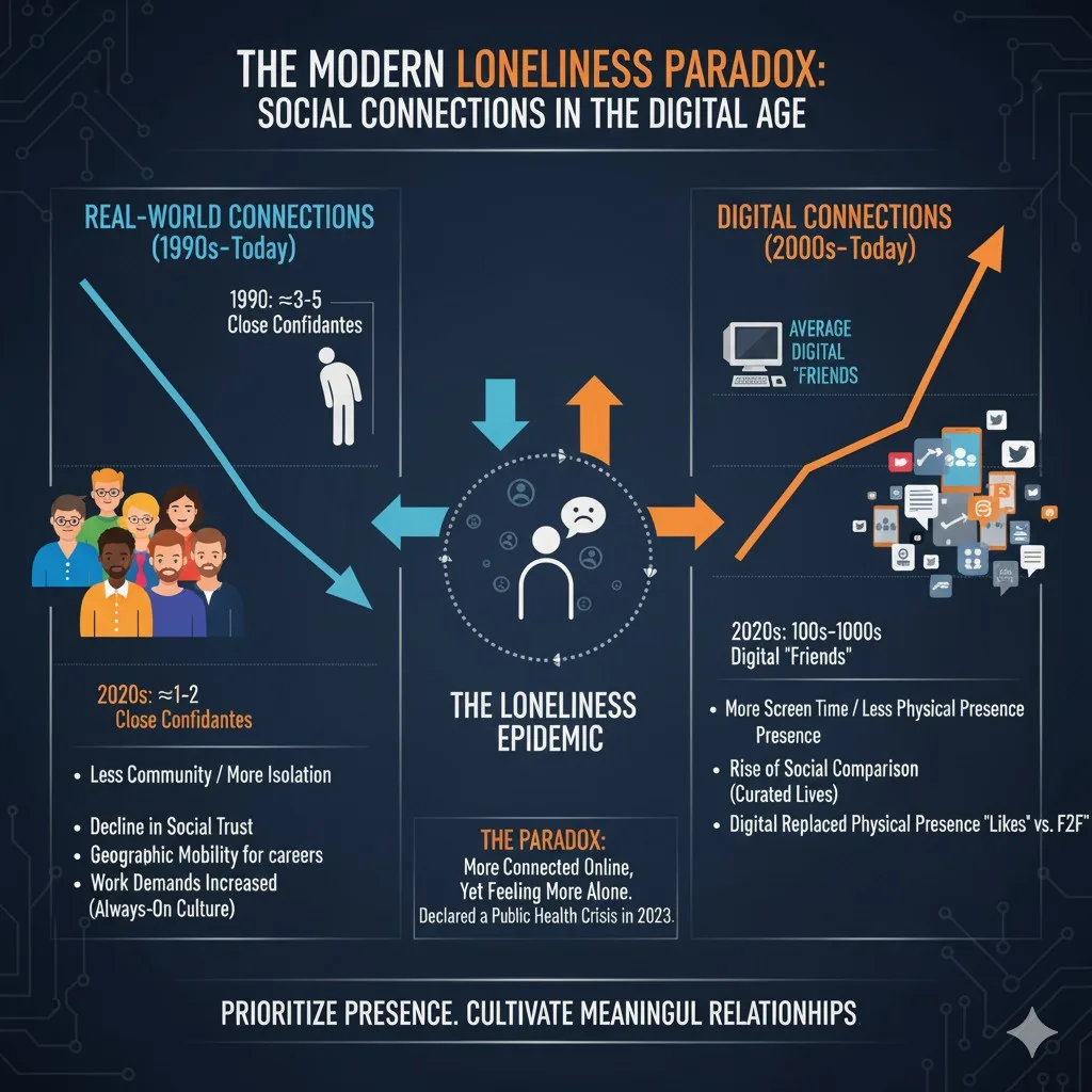 Decline of average social connections and rise in digital connections