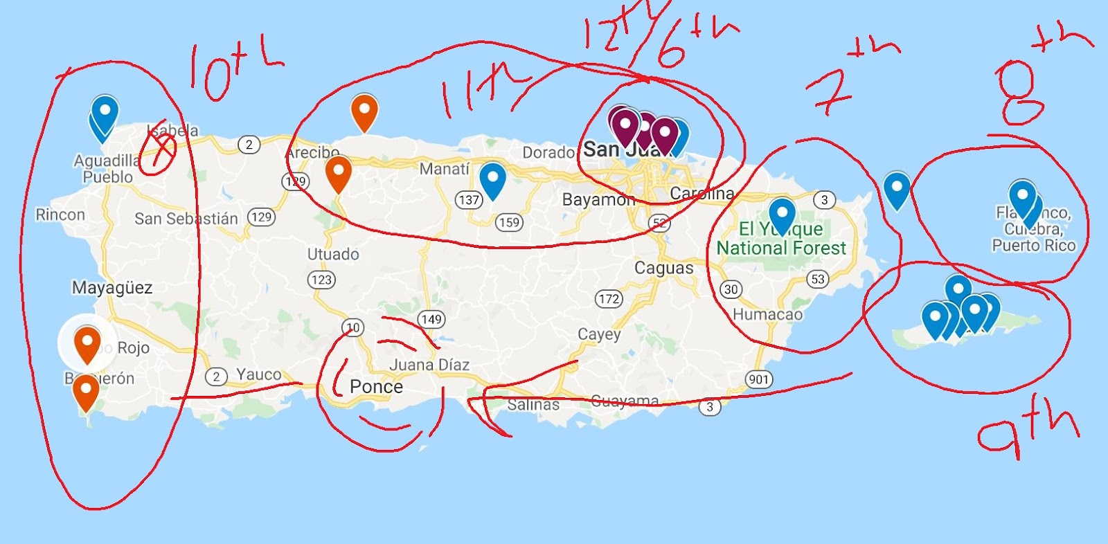 Hand-drawn map of Puerto Rico marking each day's planned trip locations