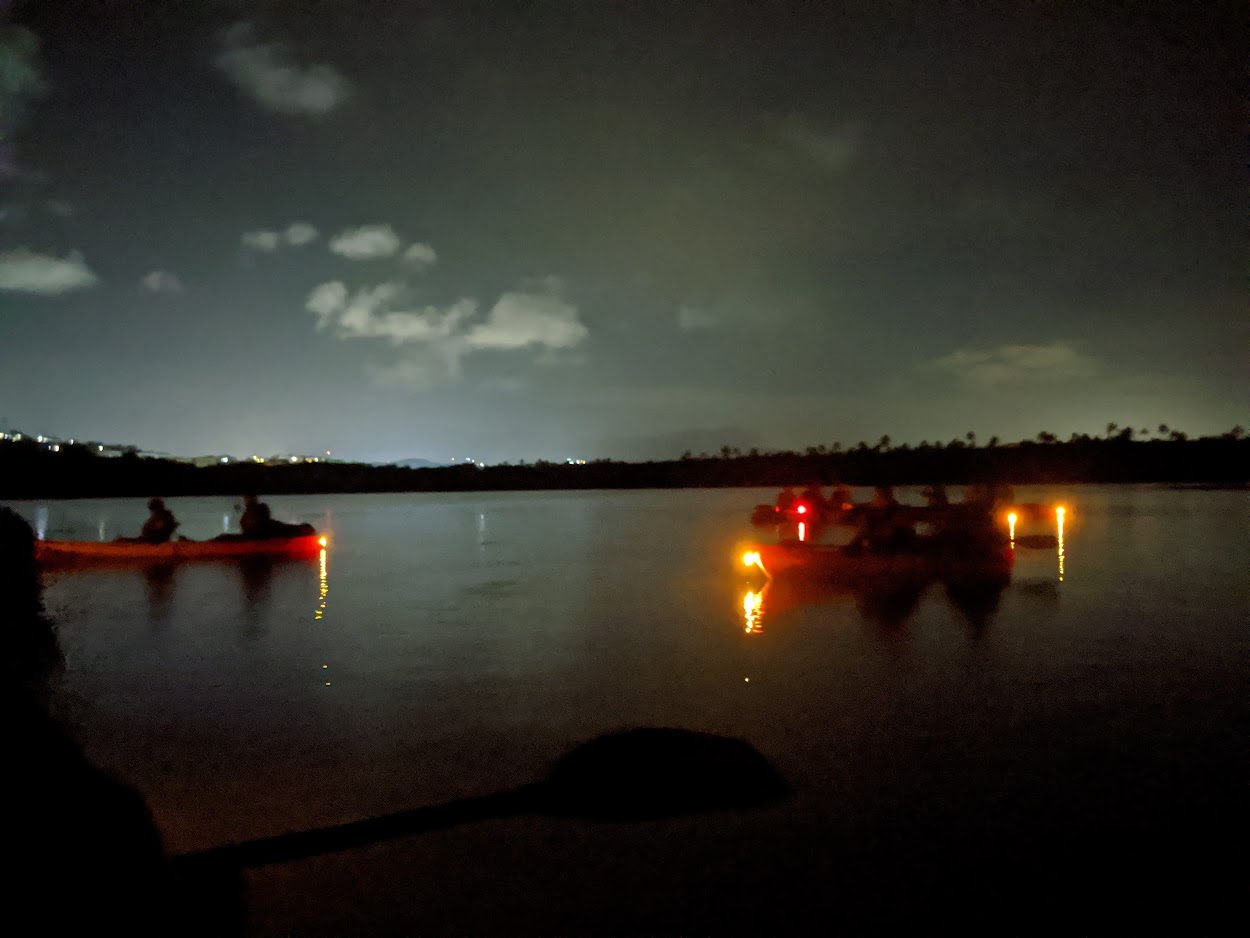 Kayaks with red lanterns gliding across a calm lagoon under a night sky