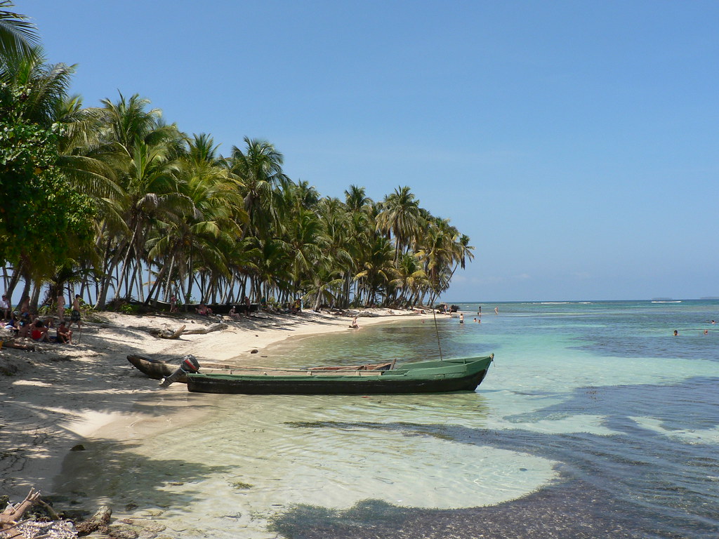 A palm-fringed sandbar in the San Blas islands, Panama